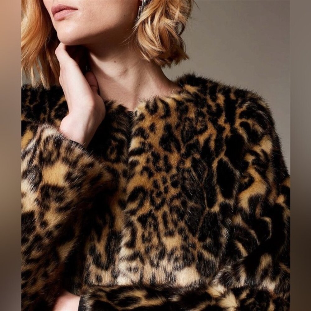 NWT KAREN MILLEN Super-Soft Faux Fur Leopard Print Lined Jacket w Pockets Sz 6 - Picture 4 of 16
